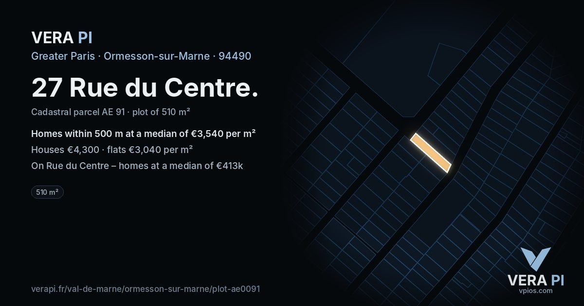 27 Rue du Centre, Ormesson-sur-Marne at night – the plot lit, the parcels around coloured by the prices near them