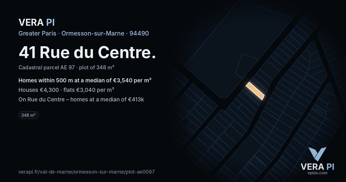 41 Rue du Centre, Ormesson-sur-Marne at night – the plot lit, the parcels around coloured by the prices near them
