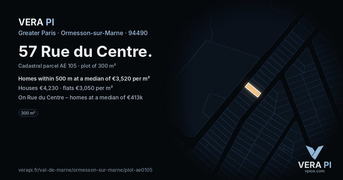 57 Rue du Centre, Ormesson-sur-Marne at night – the plot lit, the parcels around coloured by the prices near them
