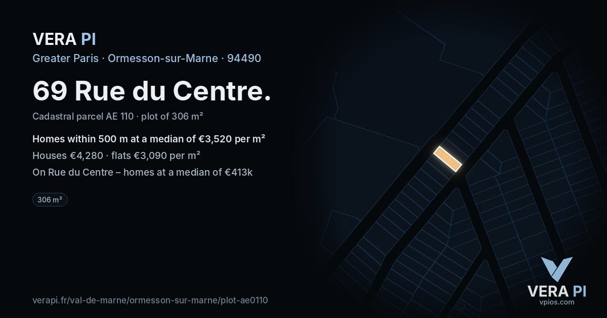 69 Rue du Centre, Ormesson-sur-Marne at night – the plot lit, the parcels around coloured by the prices near them