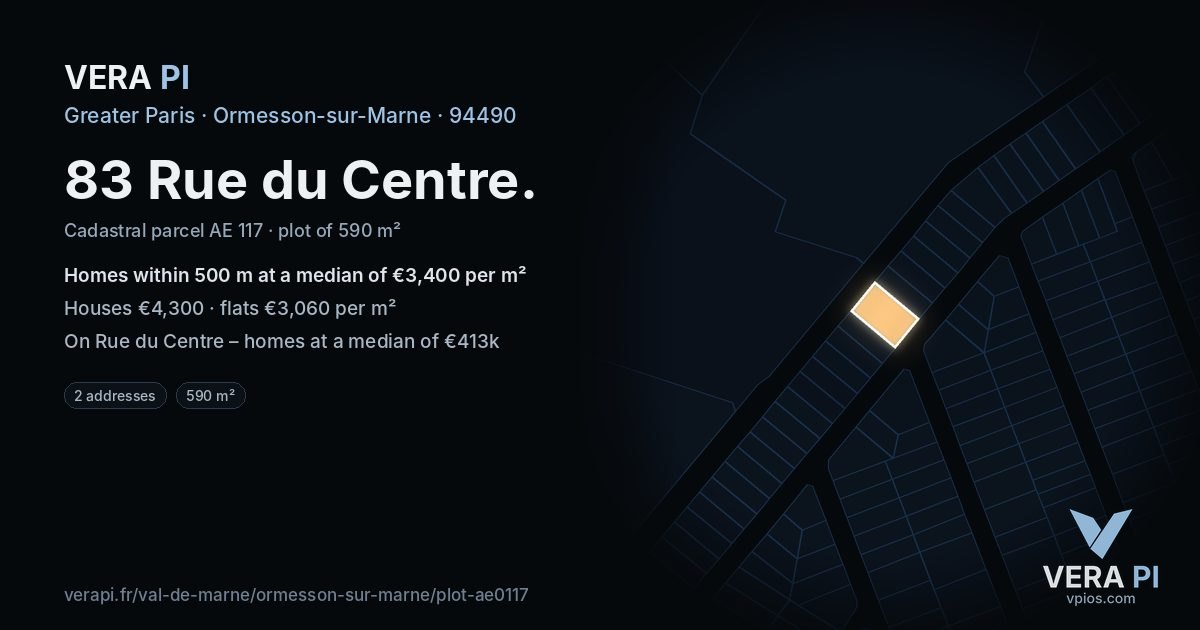 83 Rue du Centre, Ormesson-sur-Marne at night – the plot lit, the parcels around coloured by the prices near them