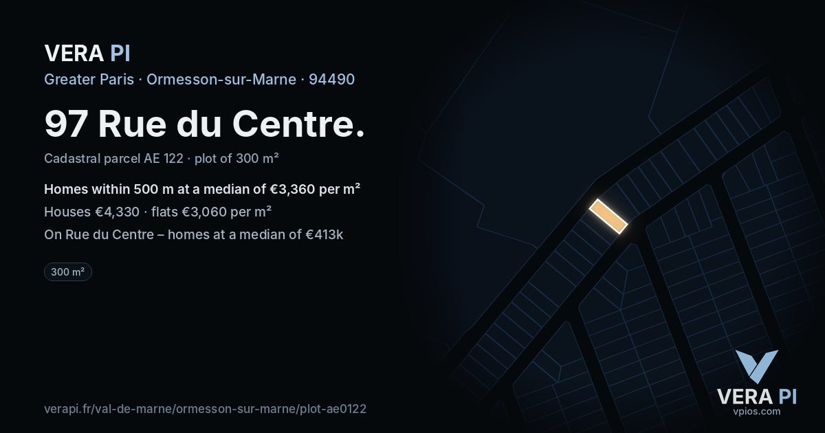 97 Rue du Centre, Ormesson-sur-Marne at night – the plot lit, the parcels around coloured by the prices near them