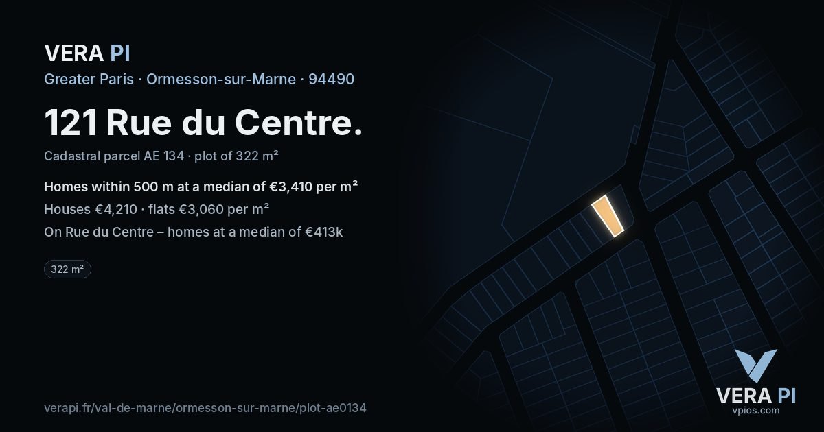 121 Rue du Centre, Ormesson-sur-Marne at night – the plot lit, the parcels around coloured by the prices near them