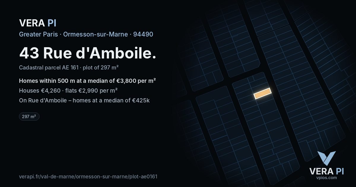 43 Rue d'Amboile, Ormesson-sur-Marne at night – the plot lit, the parcels around coloured by the prices near them