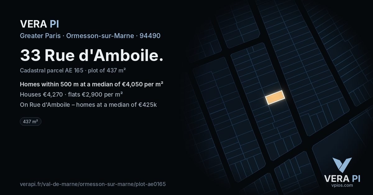 33 Rue d'Amboile, Ormesson-sur-Marne at night – the plot lit, the parcels around coloured by the prices near them