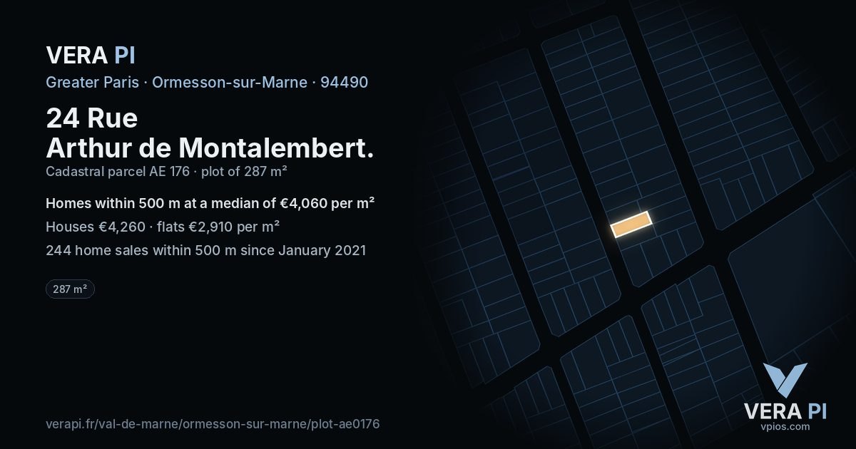 24 Rue Arthur de Montalembert, Ormesson-sur-Marne at night – the plot lit, the parcels around coloured by the prices near them