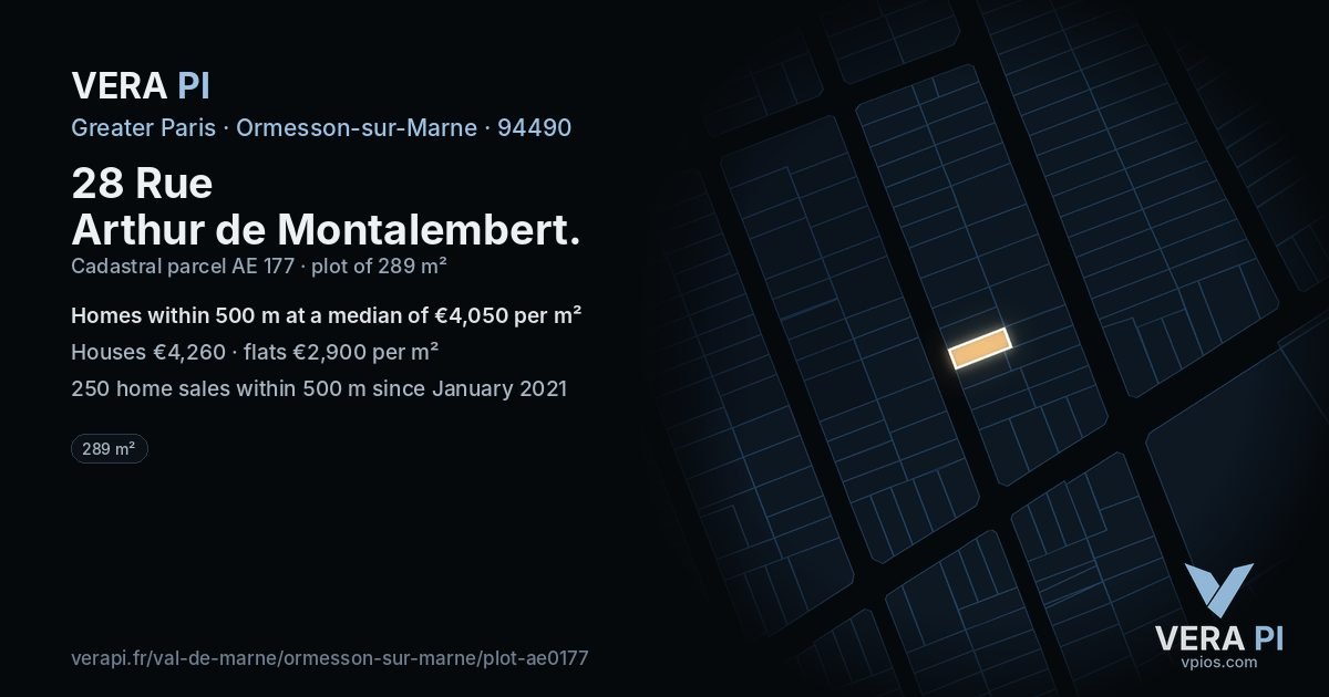 28 Rue Arthur de Montalembert, Ormesson-sur-Marne at night – the plot lit, the parcels around coloured by the prices near them