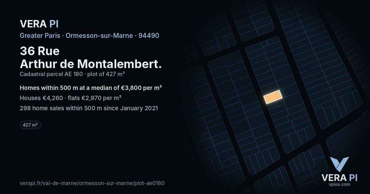 36 Rue Arthur de Montalembert, Ormesson-sur-Marne at night – the plot lit, the parcels around coloured by the prices near them