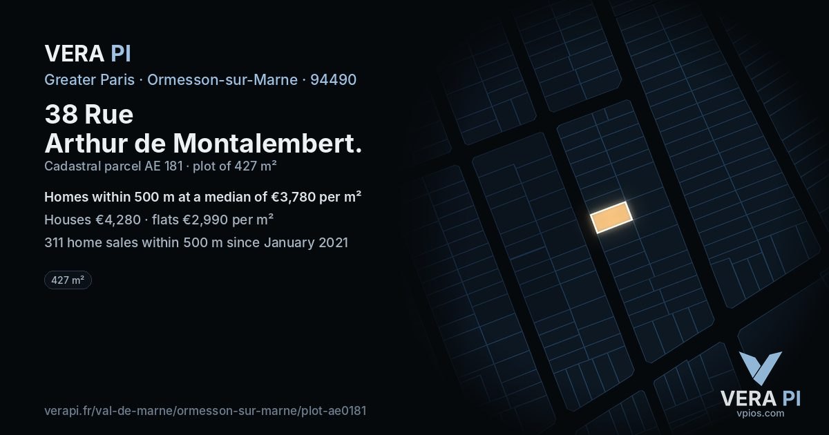 38 Rue Arthur de Montalembert, Ormesson-sur-Marne at night – the plot lit, the parcels around coloured by the prices near them