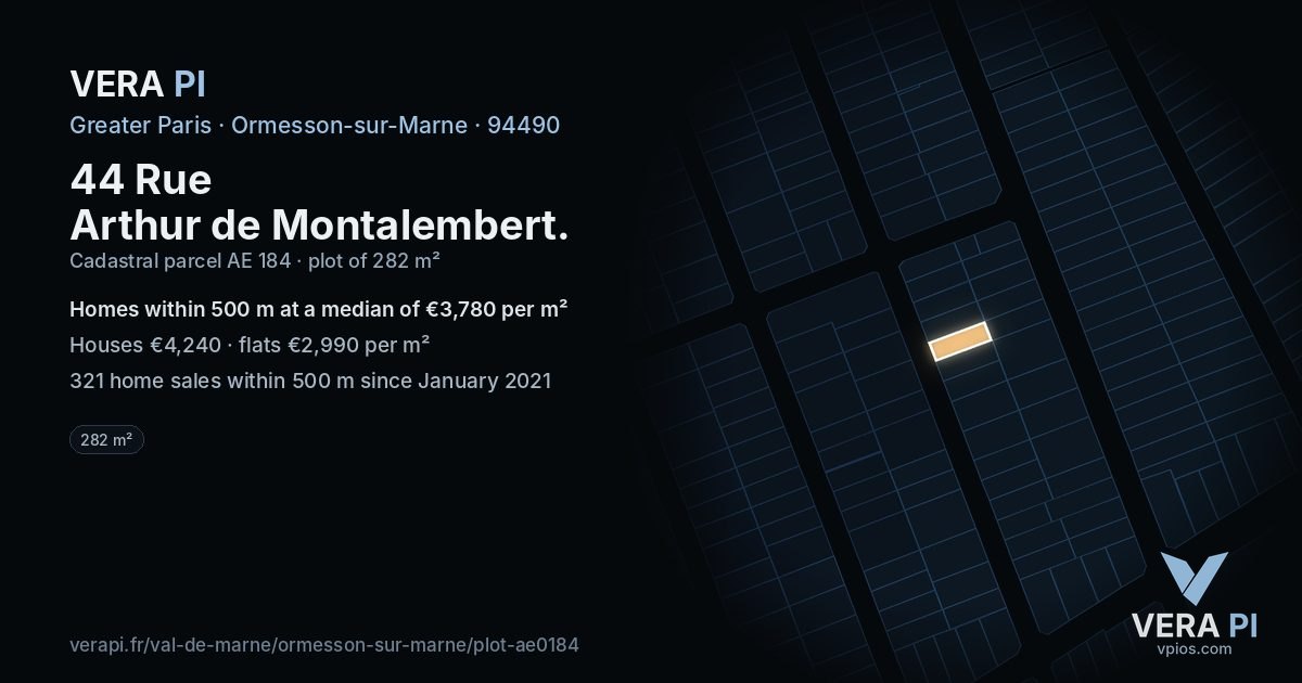 44 Rue Arthur de Montalembert, Ormesson-sur-Marne at night – the plot lit, the parcels around coloured by the prices near them