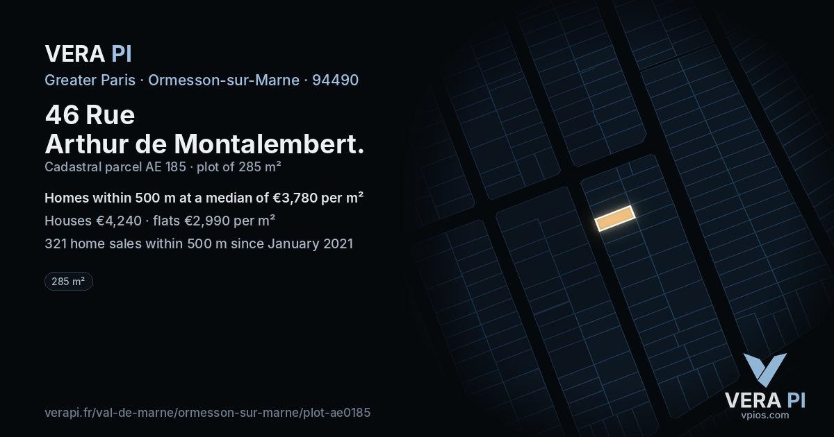 46 Rue Arthur de Montalembert, Ormesson-sur-Marne at night – the plot lit, the parcels around coloured by the prices near them