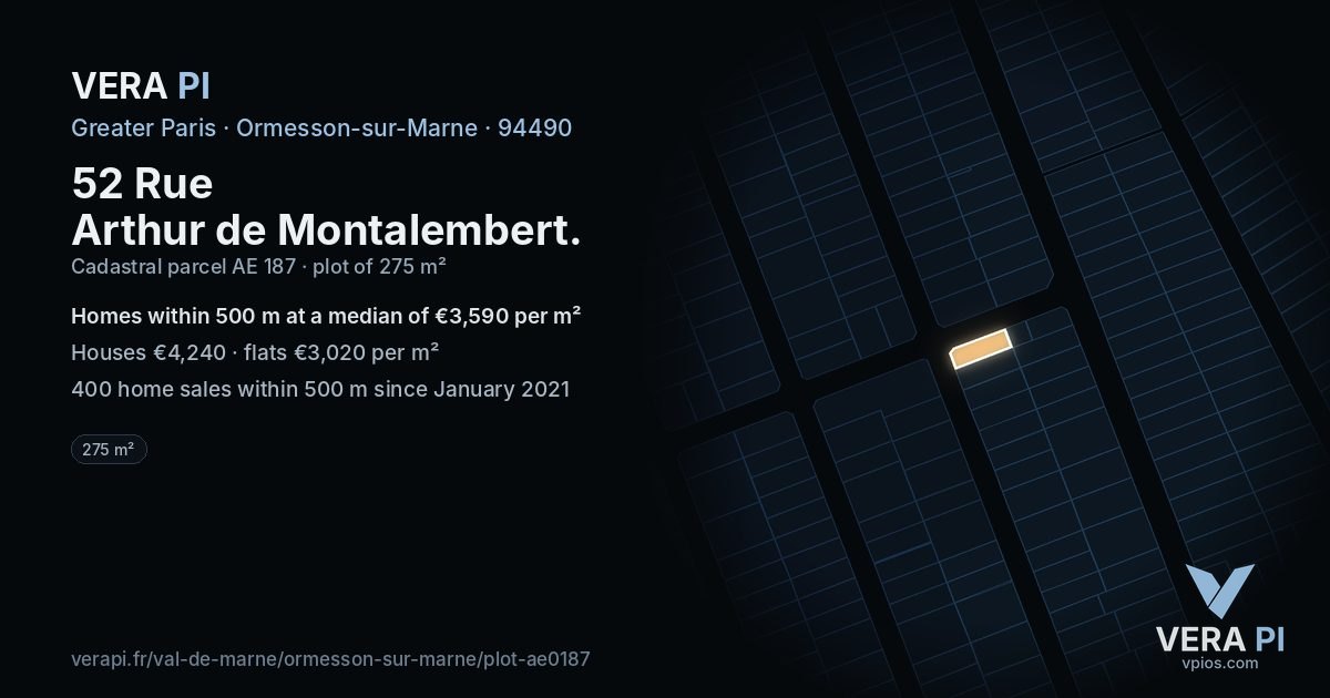 52 Rue Arthur de Montalembert, Ormesson-sur-Marne at night – the plot lit, the parcels around coloured by the prices near them
