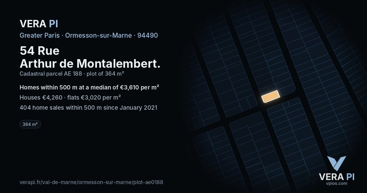 54 Rue Arthur de Montalembert, Ormesson-sur-Marne at night – the plot lit, the parcels around coloured by the prices near them