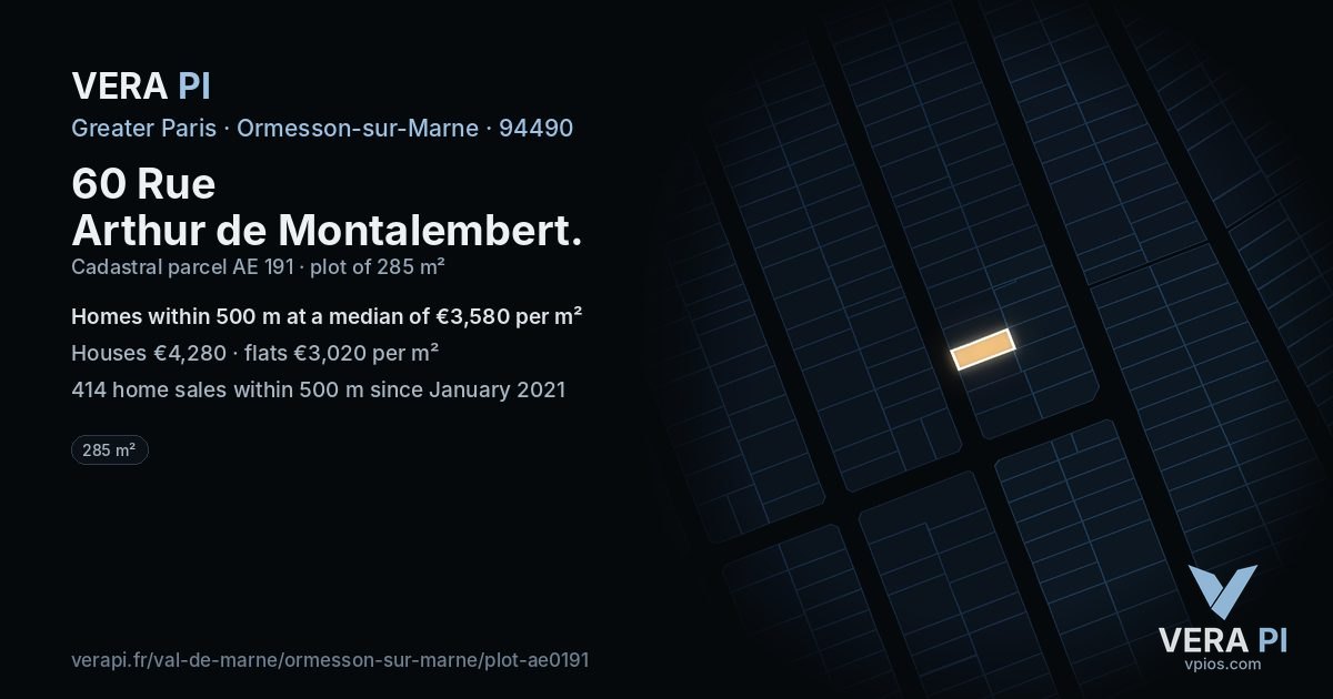 60 Rue Arthur de Montalembert, Ormesson-sur-Marne at night – the plot lit, the parcels around coloured by the prices near them