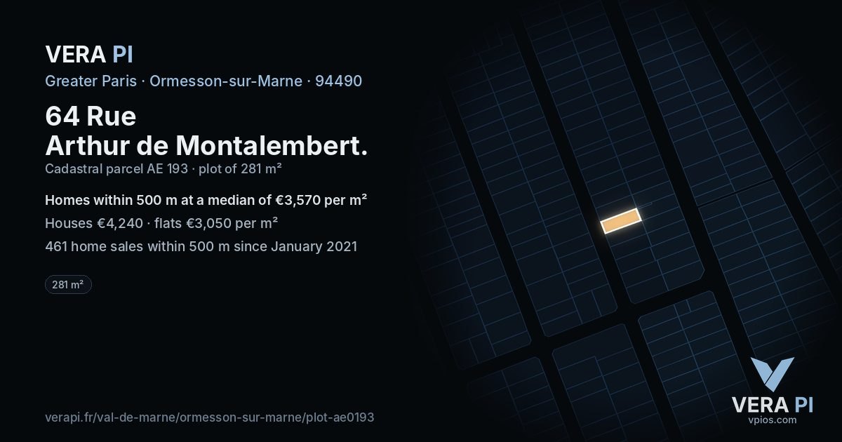 64 Rue Arthur de Montalembert, Ormesson-sur-Marne at night – the plot lit, the parcels around coloured by the prices near them