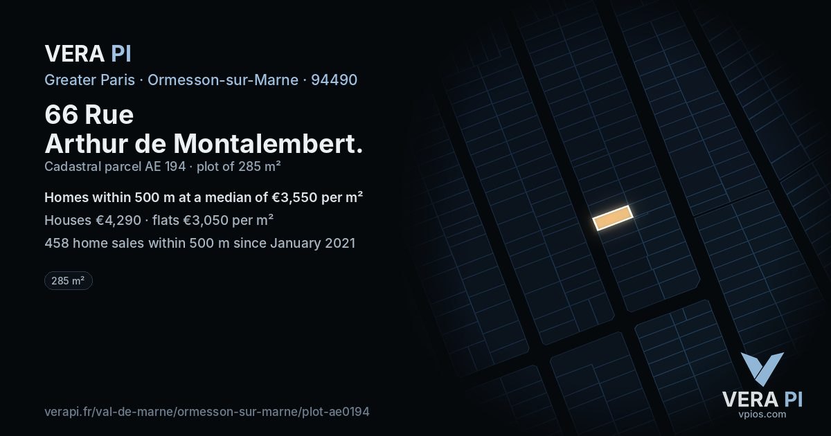 66 Rue Arthur de Montalembert, Ormesson-sur-Marne at night – the plot lit, the parcels around coloured by the prices near them