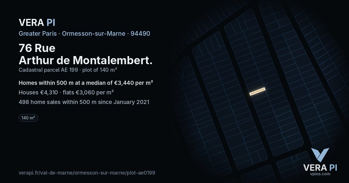76 Rue Arthur de Montalembert, Ormesson-sur-Marne at night – the plot lit, the parcels around coloured by the prices near them