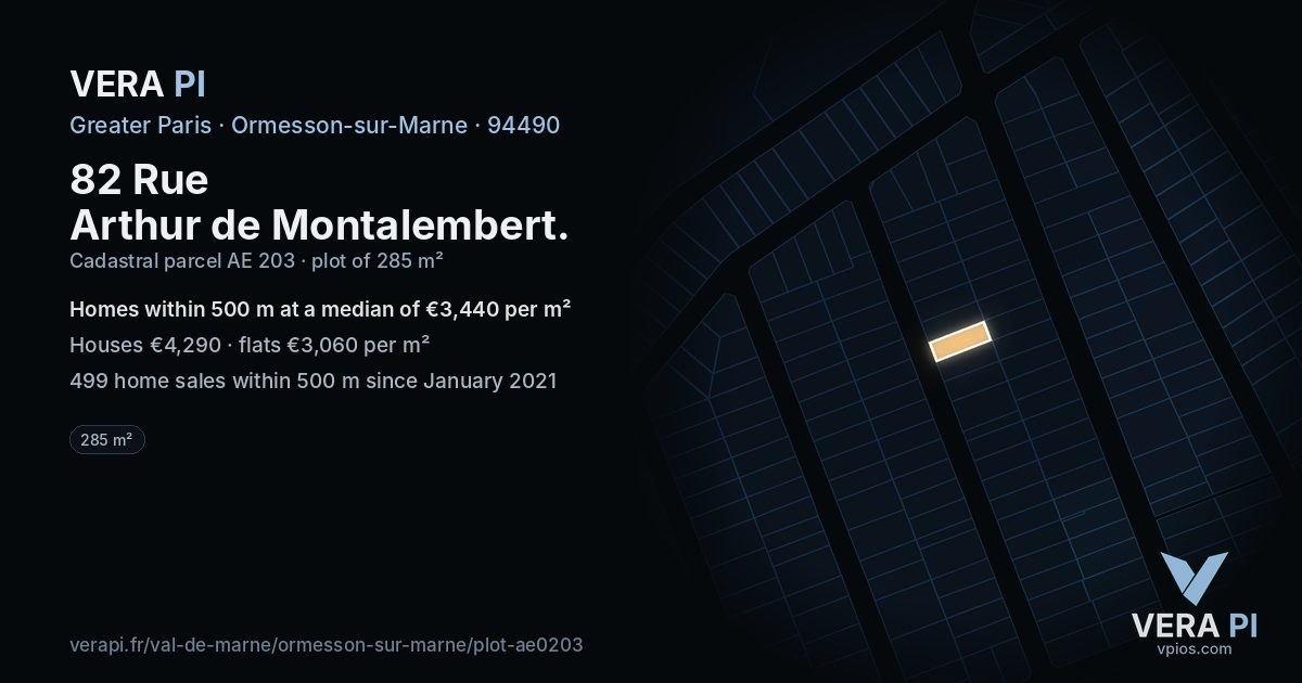 82 Rue Arthur de Montalembert, Ormesson-sur-Marne at night – the plot lit, the parcels around coloured by the prices near them