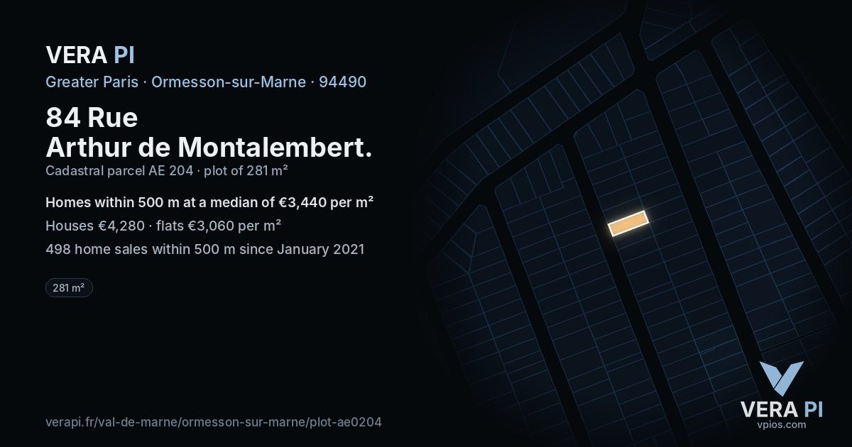 84 Rue Arthur de Montalembert, Ormesson-sur-Marne at night – the plot lit, the parcels around coloured by the prices near them