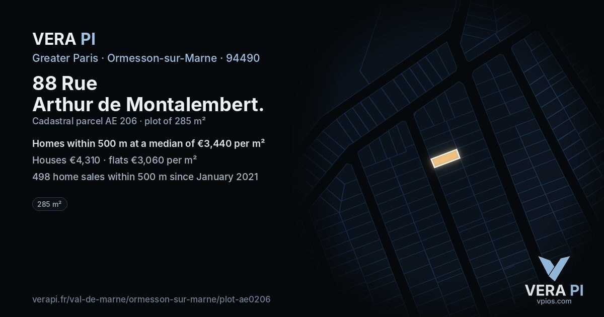 88 Rue Arthur de Montalembert, Ormesson-sur-Marne at night – the plot lit, the parcels around coloured by the prices near them