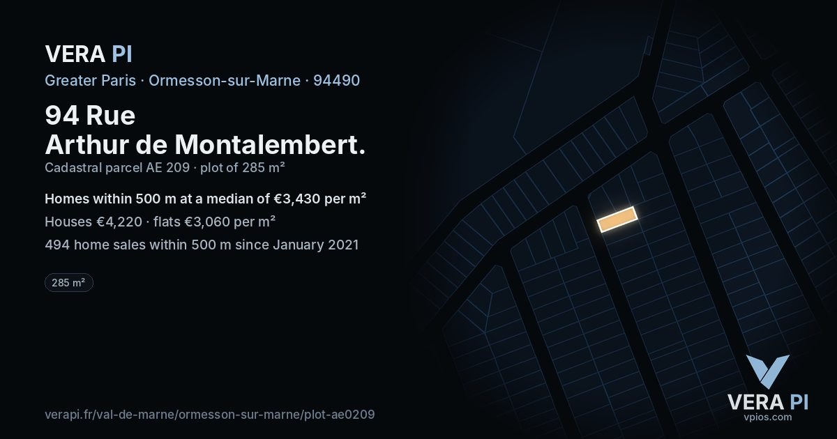 94 Rue Arthur de Montalembert, Ormesson-sur-Marne at night – the plot lit, the parcels around coloured by the prices near them