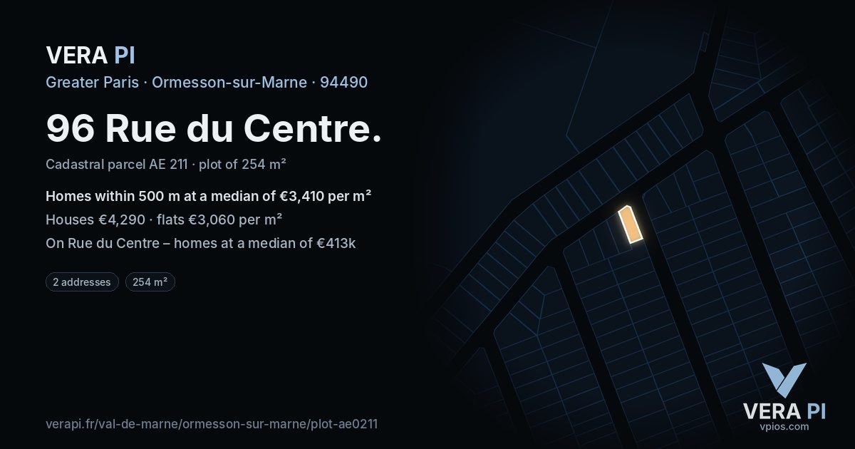 96 Rue du Centre, Ormesson-sur-Marne at night – the plot lit, the parcels around coloured by the prices near them