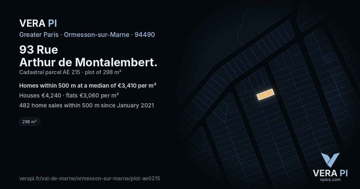 93 Rue Arthur de Montalembert, Ormesson-sur-Marne at night – the plot lit, the parcels around coloured by the prices near them