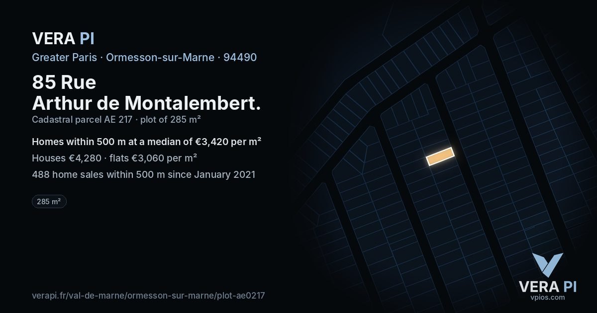 85 Rue Arthur de Montalembert, Ormesson-sur-Marne at night – the plot lit, the parcels around coloured by the prices near them