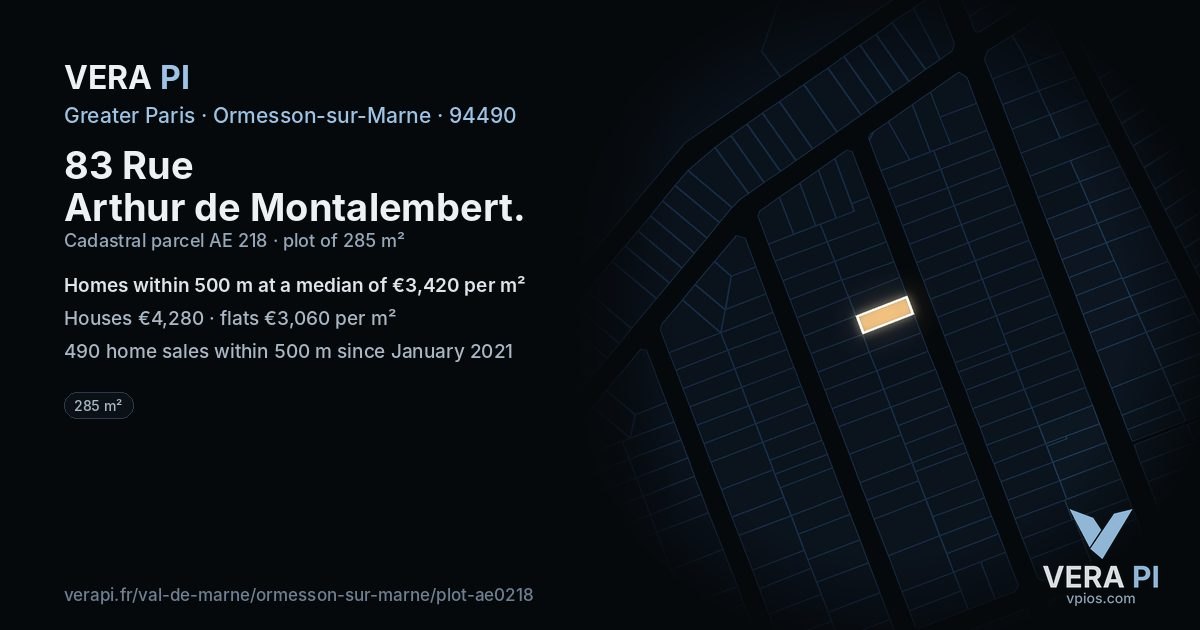 83 Rue Arthur de Montalembert, Ormesson-sur-Marne at night – the plot lit, the parcels around coloured by the prices near them