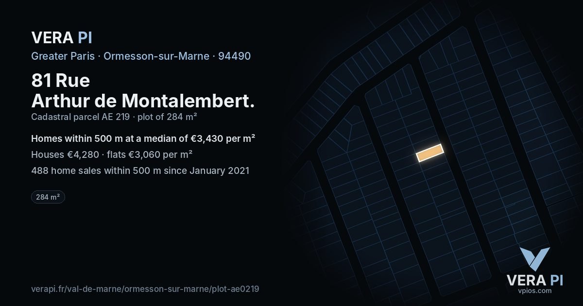 81 Rue Arthur de Montalembert, Ormesson-sur-Marne at night – the plot lit, the parcels around coloured by the prices near them
