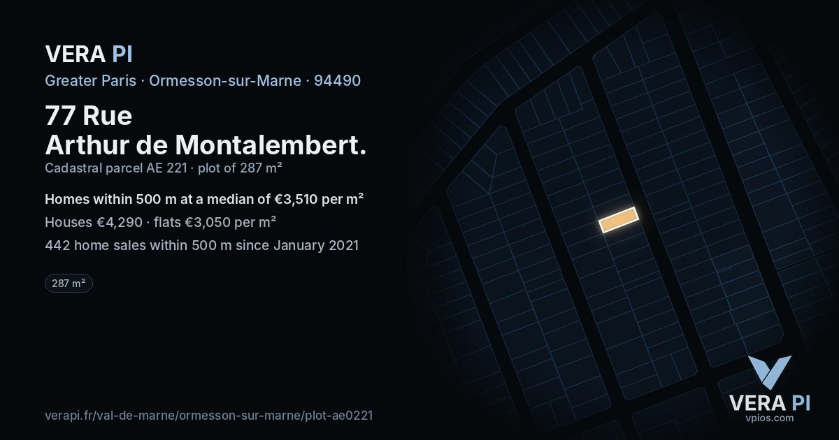 77 Rue Arthur de Montalembert, Ormesson-sur-Marne at night – the plot lit, the parcels around coloured by the prices near them