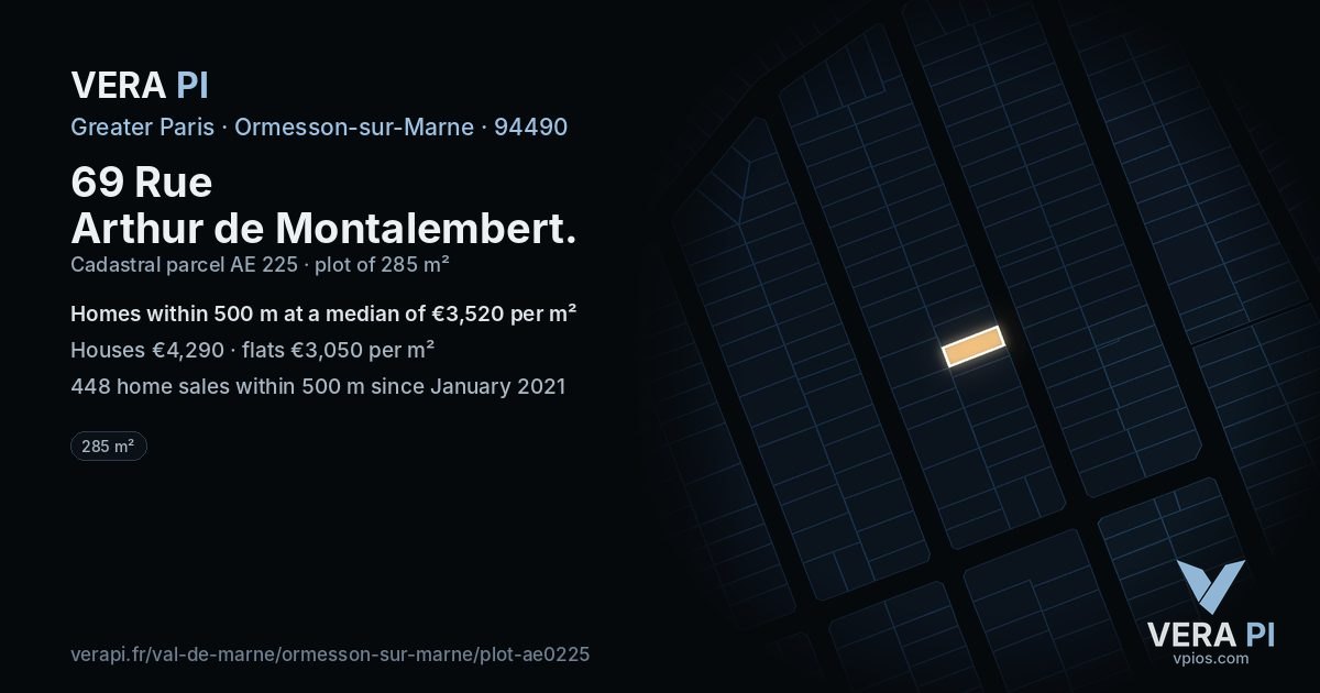 69 Rue Arthur de Montalembert, Ormesson-sur-Marne at night – the plot lit, the parcels around coloured by the prices near them