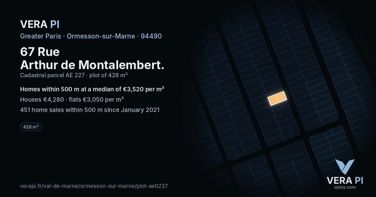 67 Rue Arthur de Montalembert, Ormesson-sur-Marne at night – the plot lit, the parcels around coloured by the prices near them