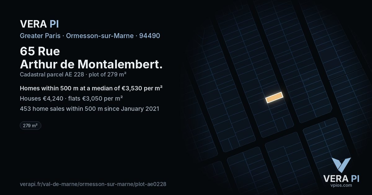 65 Rue Arthur de Montalembert, Ormesson-sur-Marne at night – the plot lit, the parcels around coloured by the prices near them