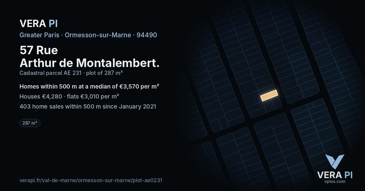 57 Rue Arthur de Montalembert, Ormesson-sur-Marne at night – the plot lit, the parcels around coloured by the prices near them