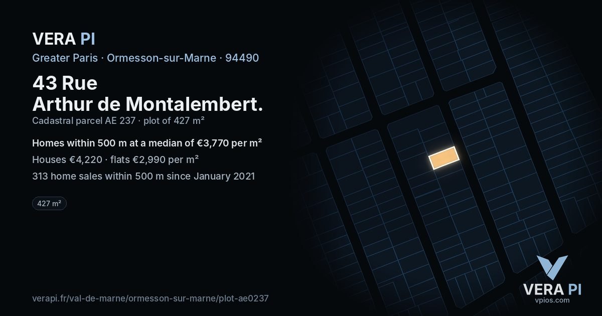 43 Rue Arthur de Montalembert, Ormesson-sur-Marne at night – the plot lit, the parcels around coloured by the prices near them