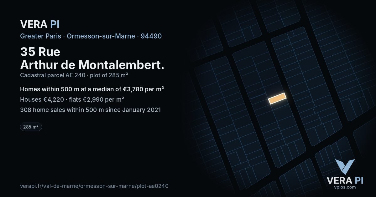 35 Rue Arthur de Montalembert, Ormesson-sur-Marne at night – the plot lit, the parcels around coloured by the prices near them