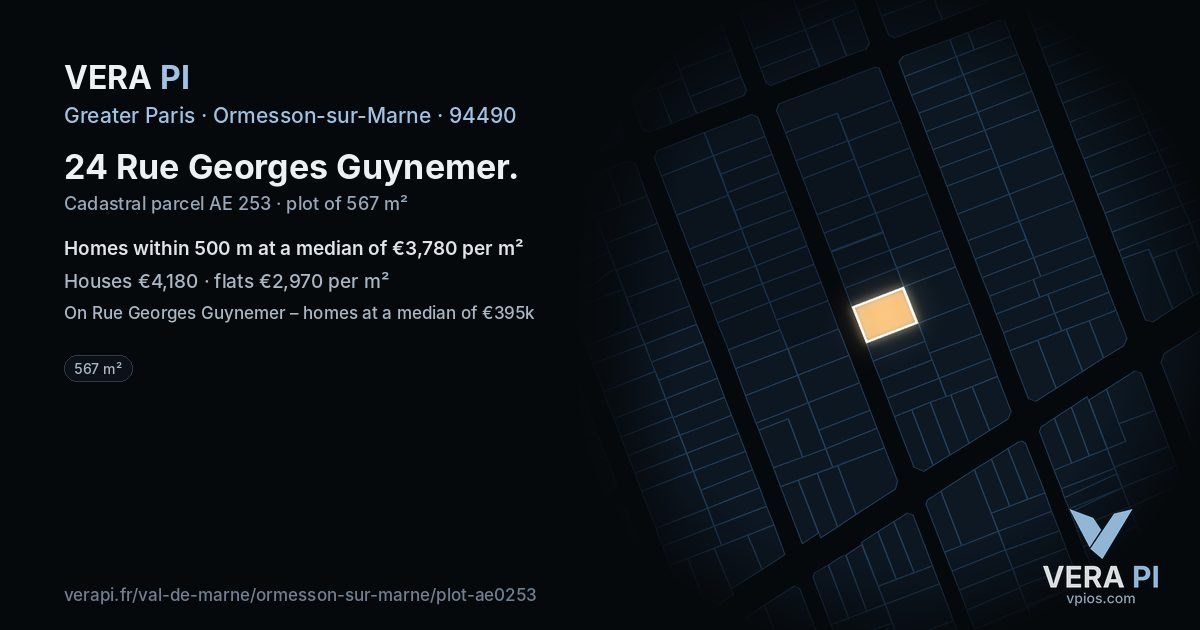 24 Rue Georges Guynemer, Ormesson-sur-Marne at night – the plot lit, the parcels around coloured by the prices near them