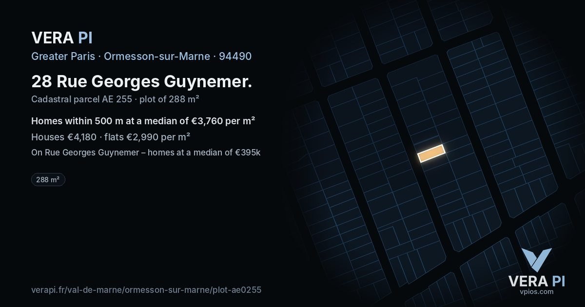 28 Rue Georges Guynemer, Ormesson-sur-Marne at night – the plot lit, the parcels around coloured by the prices near them