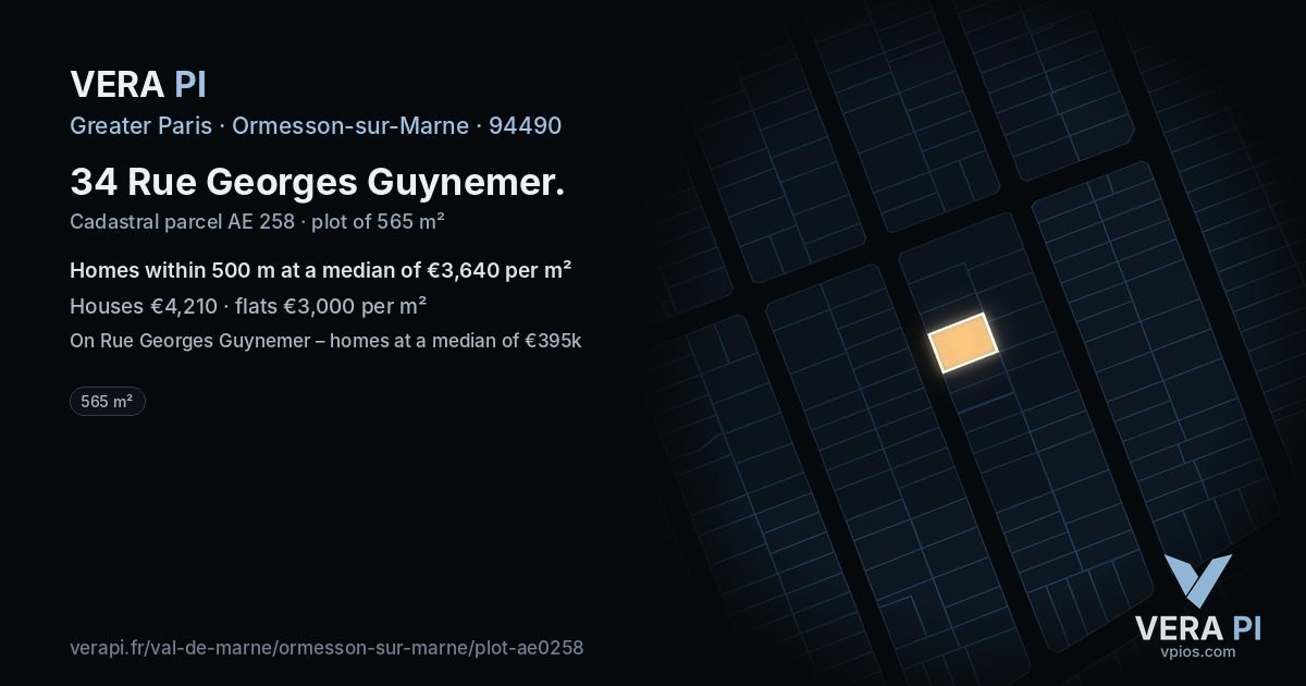 34 Rue Georges Guynemer, Ormesson-sur-Marne at night – the plot lit, the parcels around coloured by the prices near them