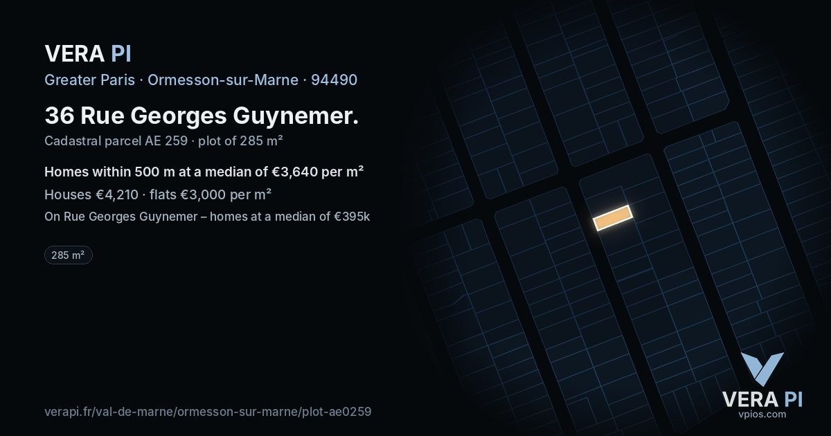 36 Rue Georges Guynemer, Ormesson-sur-Marne at night – the plot lit, the parcels around coloured by the prices near them