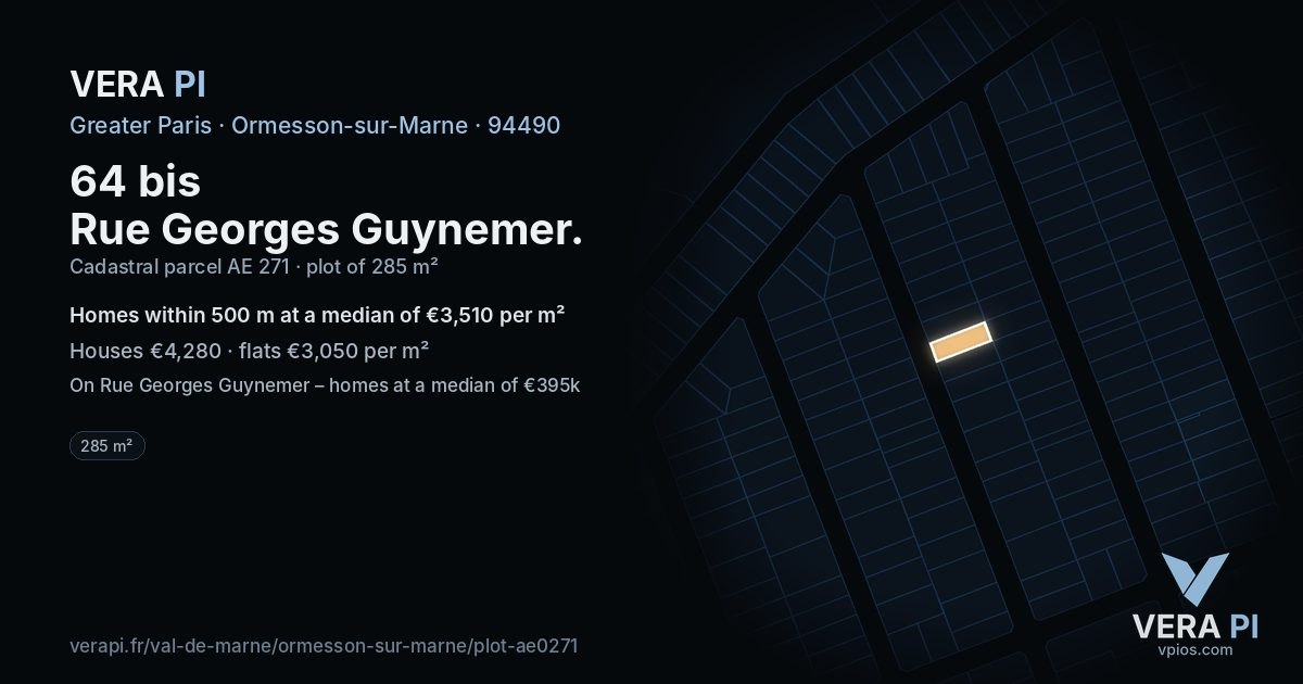 64 bis Rue Georges Guynemer, Ormesson-sur-Marne at night – the plot lit, the parcels around coloured by the prices near them