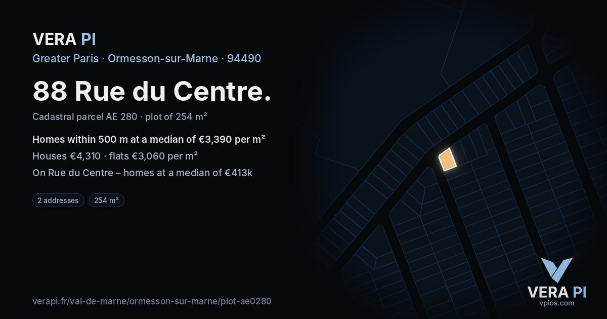 88 Rue du Centre, Ormesson-sur-Marne at night – the plot lit, the parcels around coloured by the prices near them