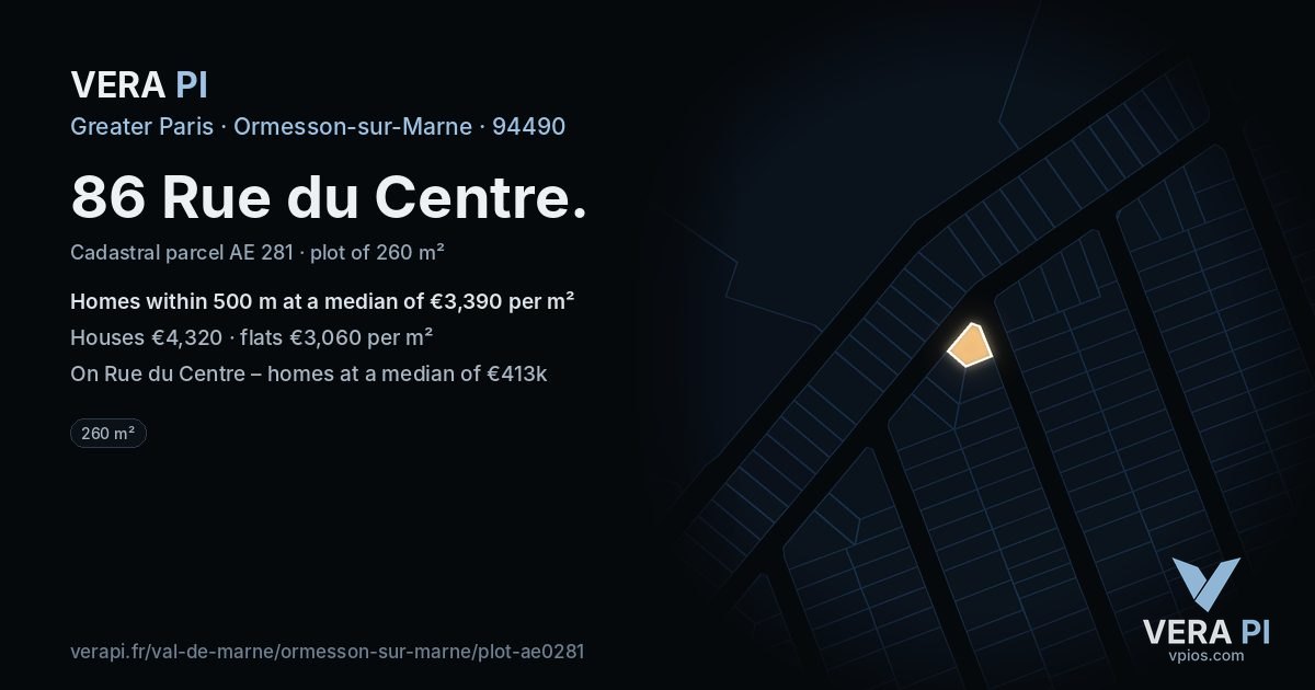 86 Rue du Centre, Ormesson-sur-Marne at night – the plot lit, the parcels around coloured by the prices near them