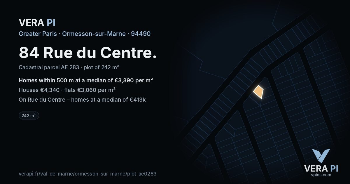 84 Rue du Centre, Ormesson-sur-Marne at night – the plot lit, the parcels around coloured by the prices near them
