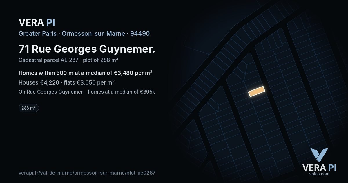 71 Rue Georges Guynemer, Ormesson-sur-Marne at night – the plot lit, the parcels around coloured by the prices near them