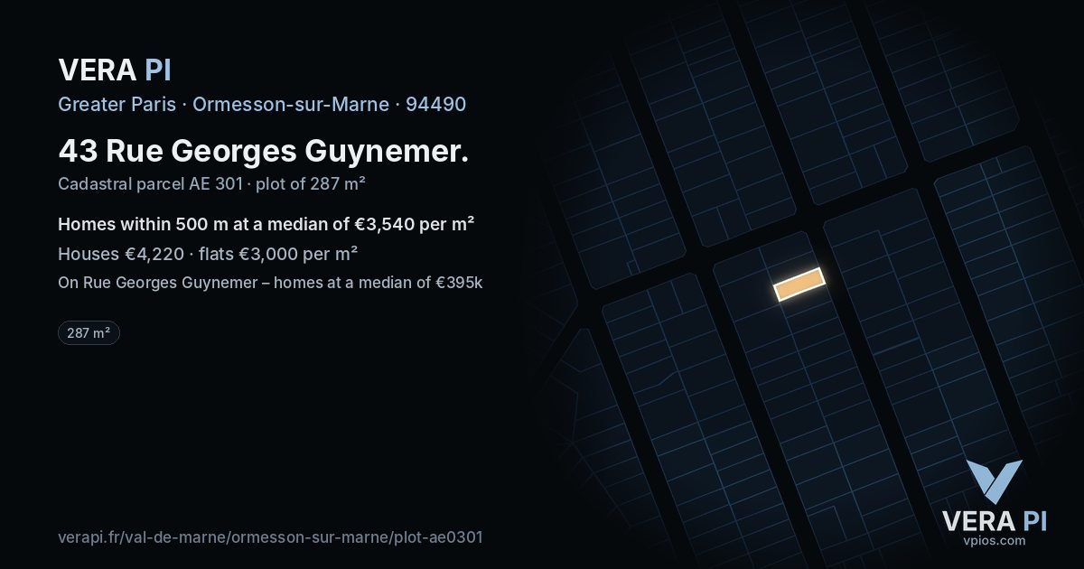 43 Rue Georges Guynemer, Ormesson-sur-Marne at night – the plot lit, the parcels around coloured by the prices near them