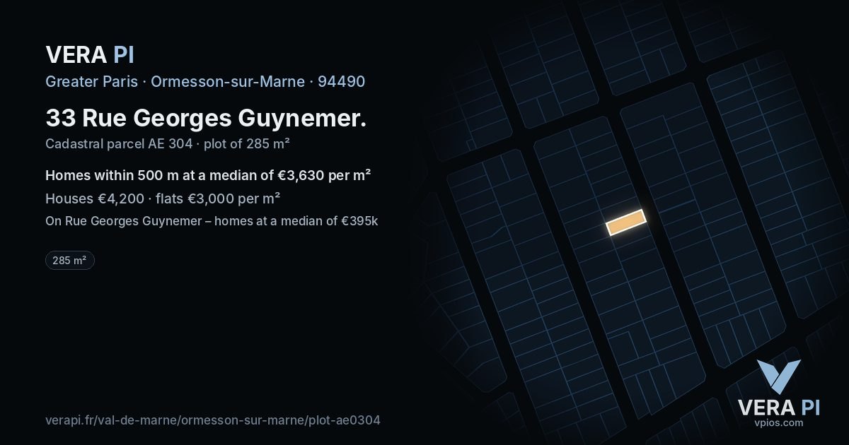 33 Rue Georges Guynemer, Ormesson-sur-Marne at night – the plot lit, the parcels around coloured by the prices near them