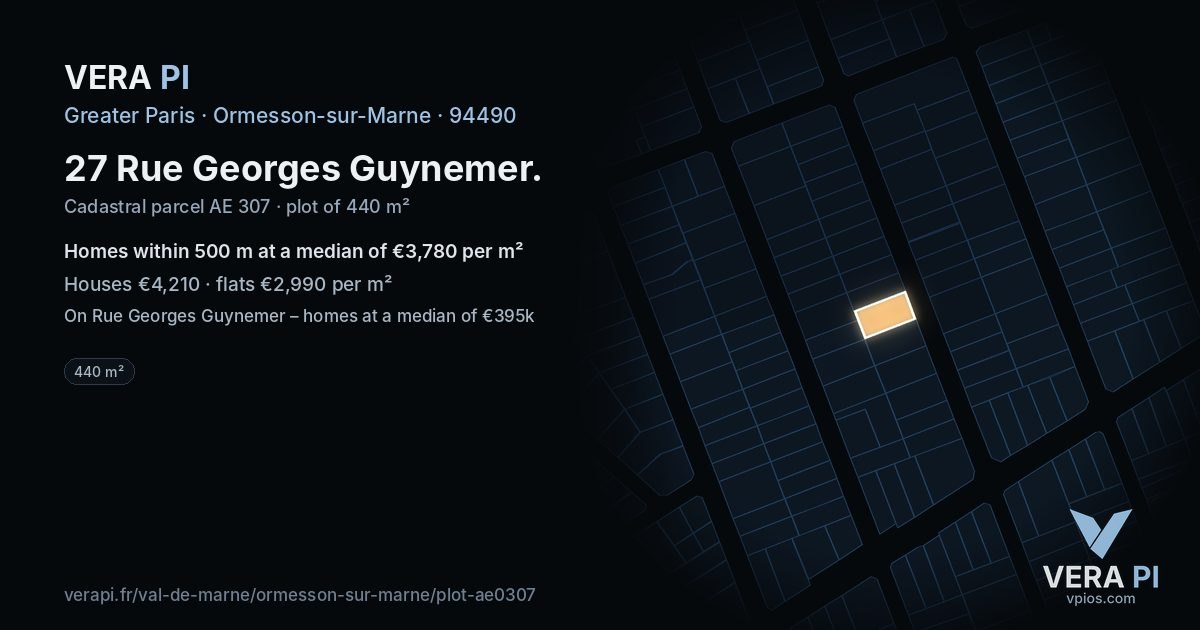 27 Rue Georges Guynemer, Ormesson-sur-Marne at night – the plot lit, the parcels around coloured by the prices near them