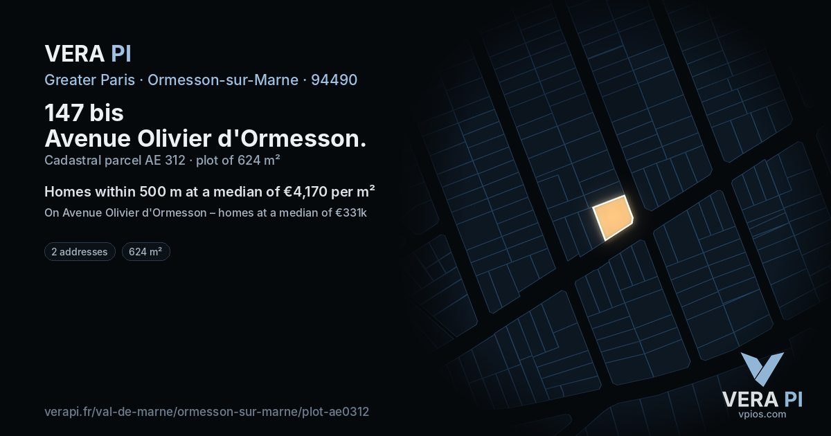 147 bis Avenue Olivier d'Ormesson, Ormesson-sur-Marne at night – the plot lit, the parcels around coloured by the prices near them